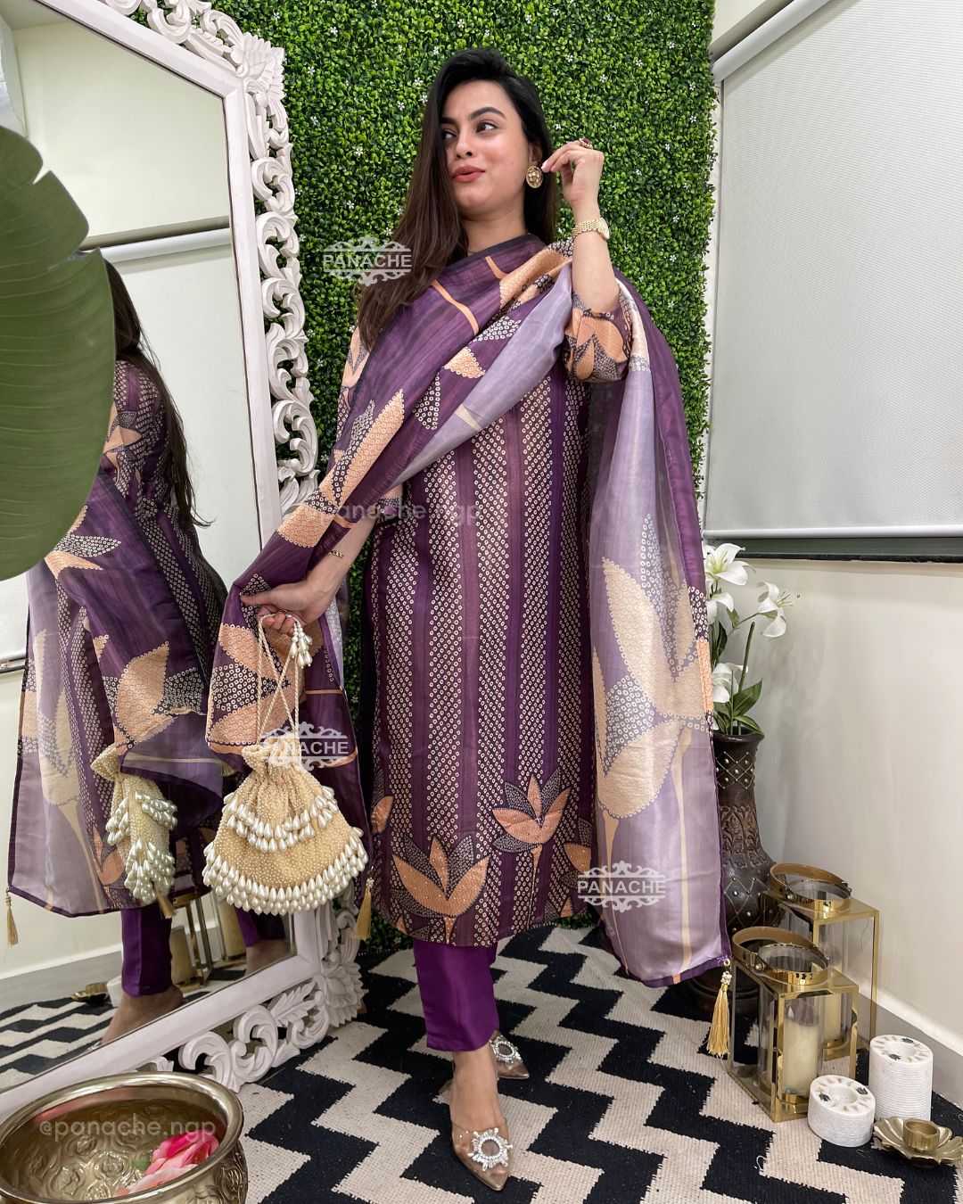 Bandhani mirror Lilac & coral set