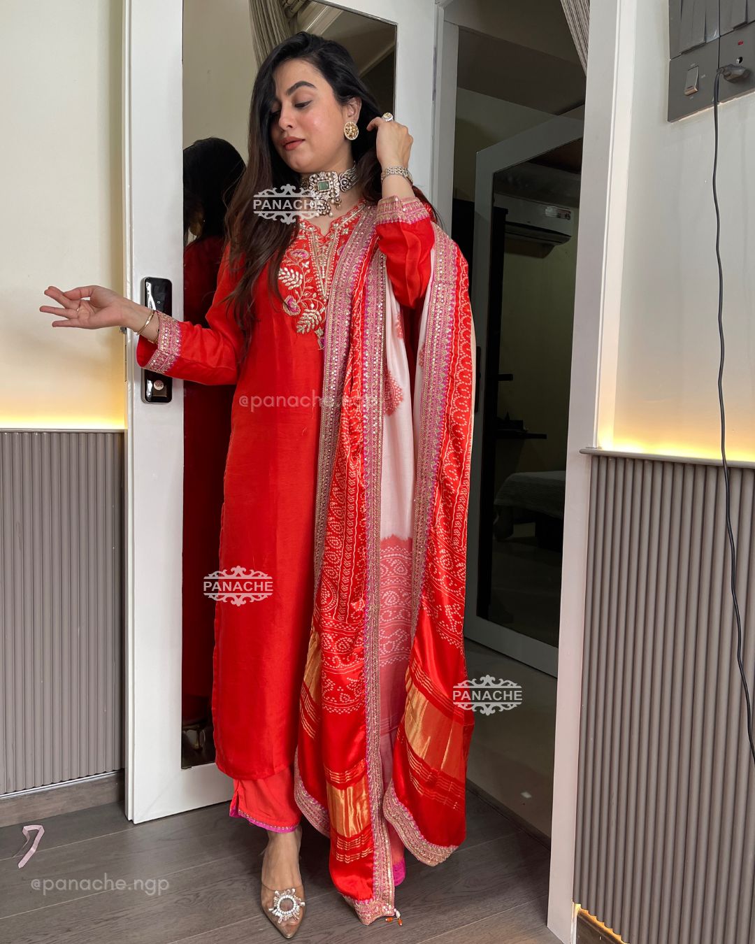 Coral gajji bandhani set