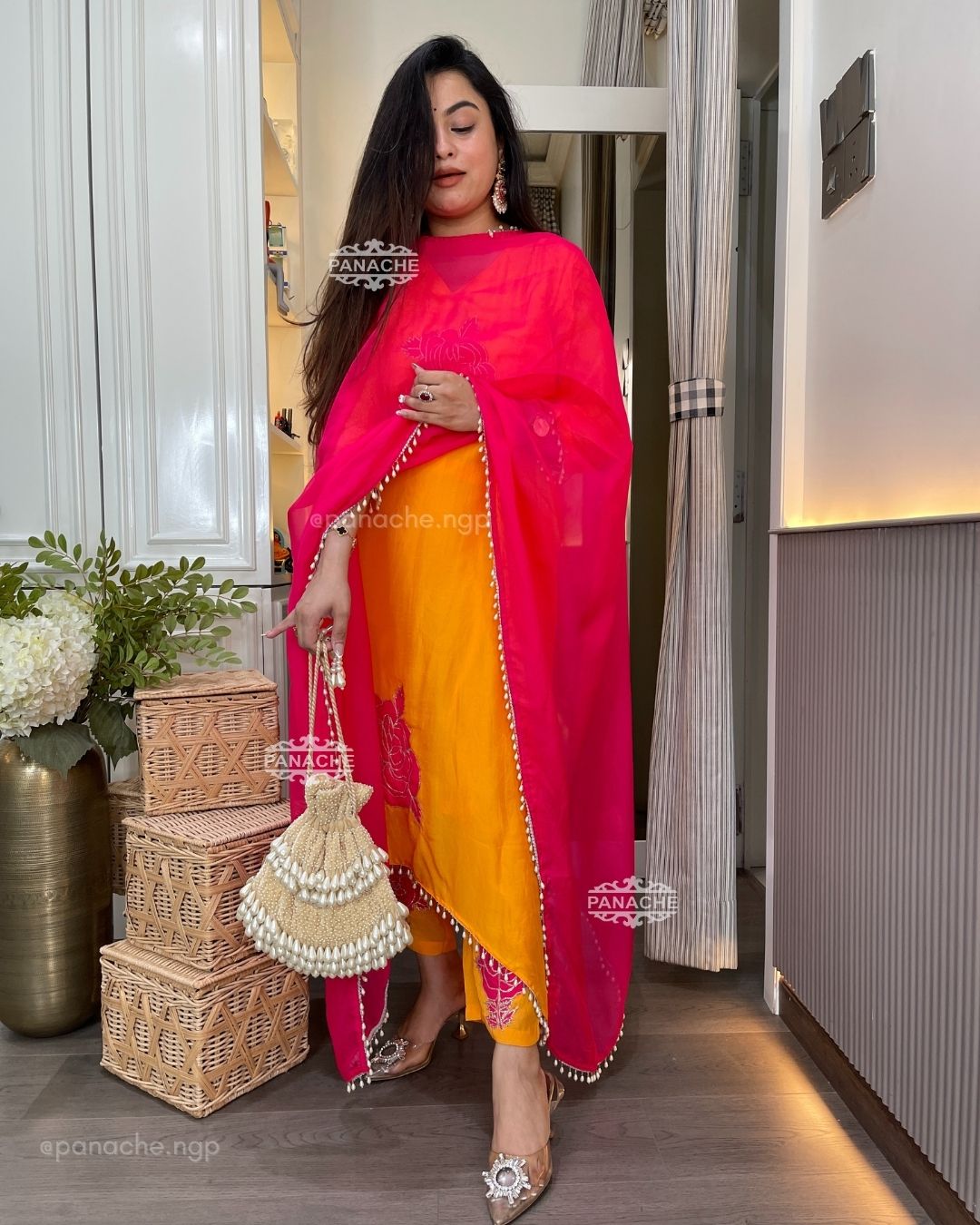 Mango and fuchsia pink pearl set