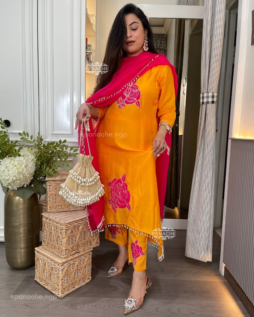 Mango and fuchsia pink pearl set