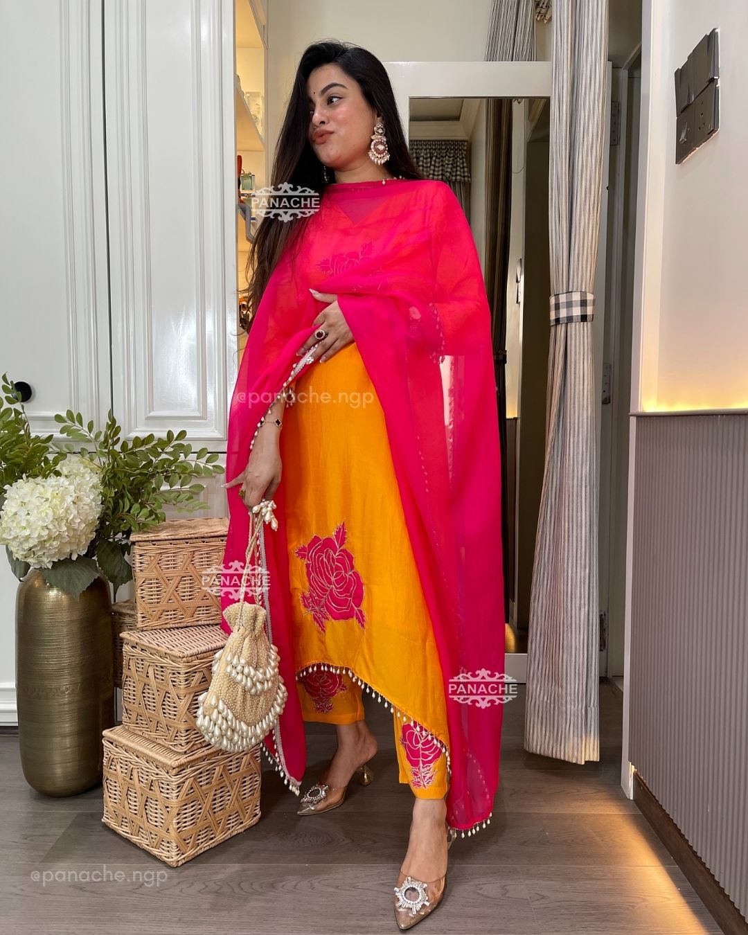 Mango and fuchsia pink pearl set