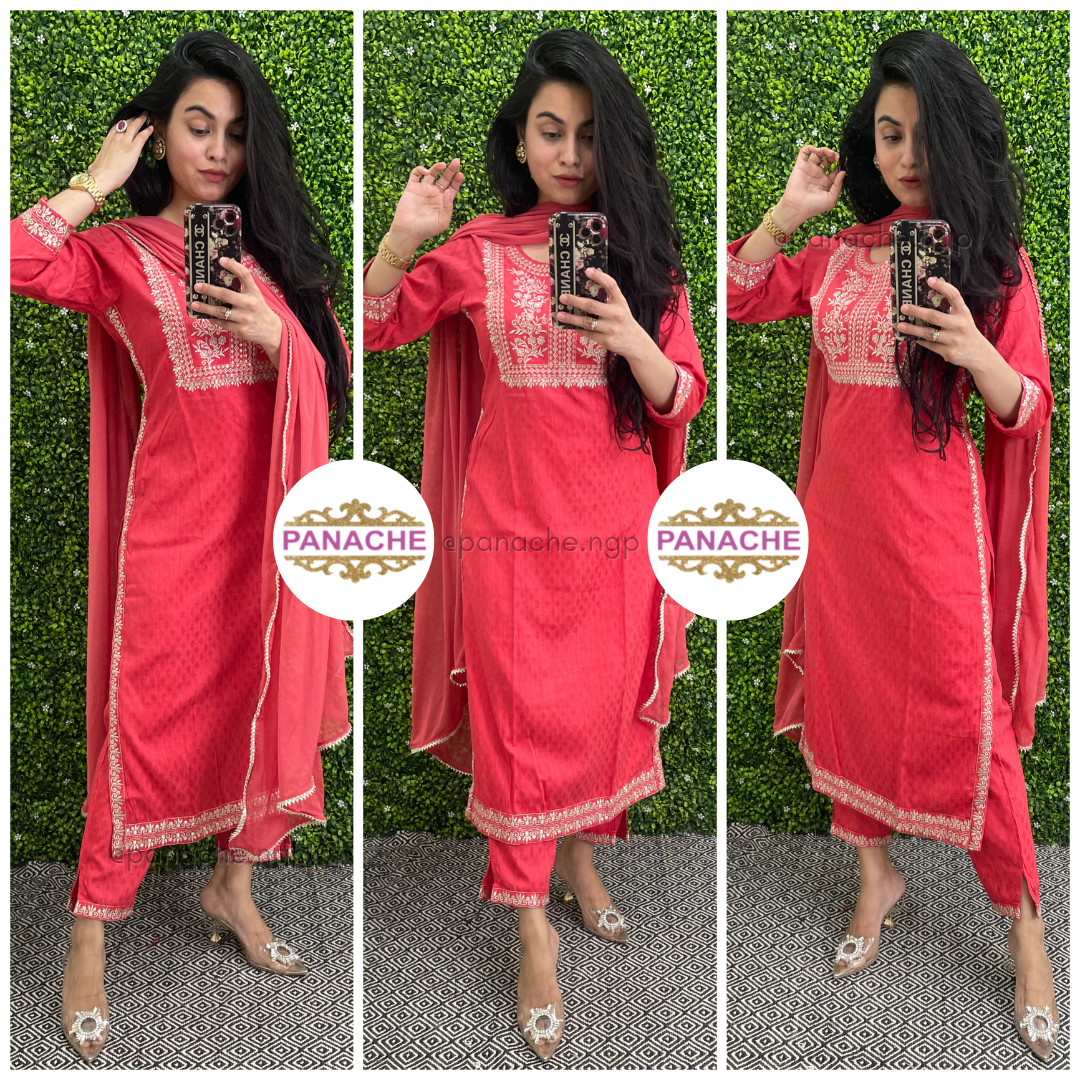 Brick Red Kurta Pant Dupatta Set