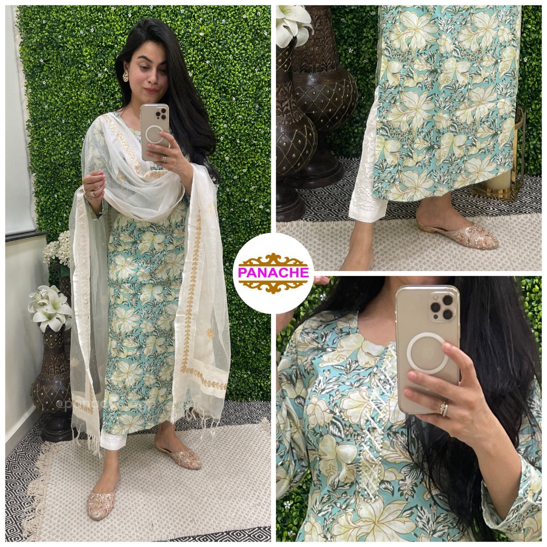 Pure cotton soothing cotton Kurtis with Organza dupatta & Lakhnavi pants