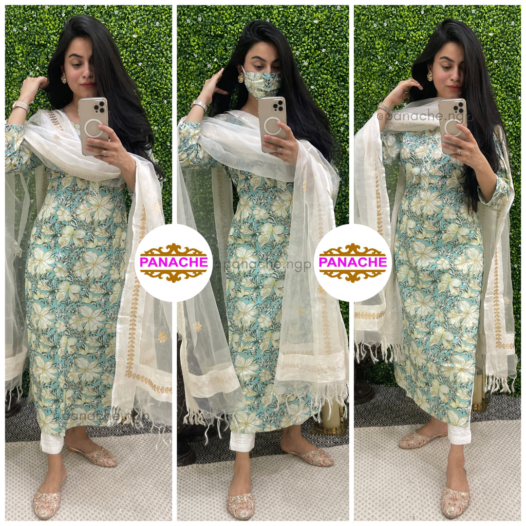 Pure cotton soothing cotton Kurtis with Organza dupatta & Lakhnavi pants