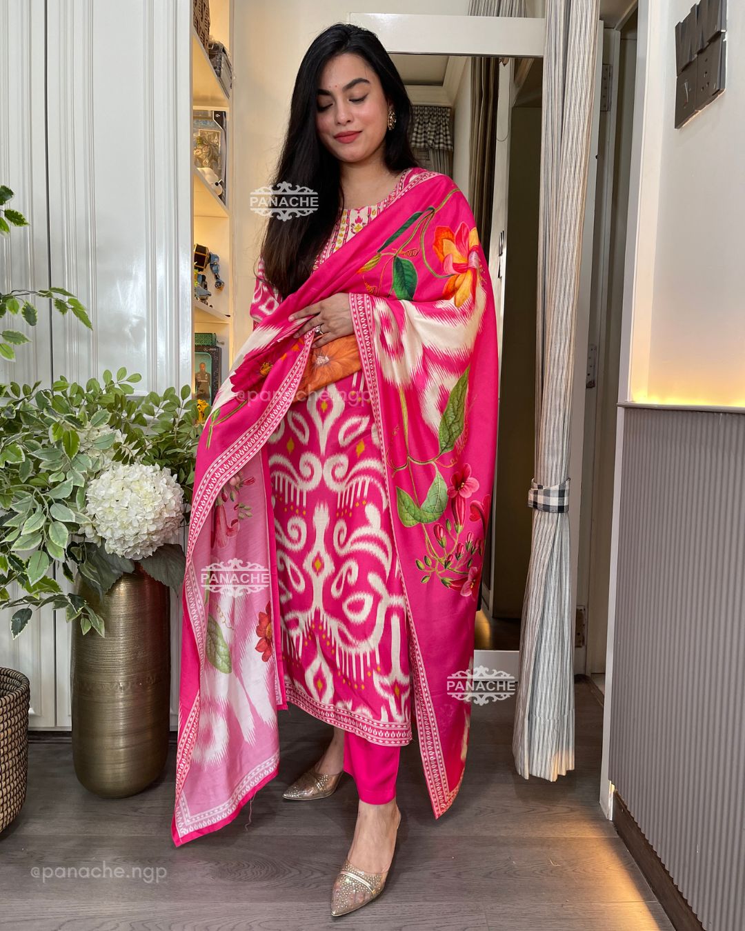 Fuschia Ikkat muslin set