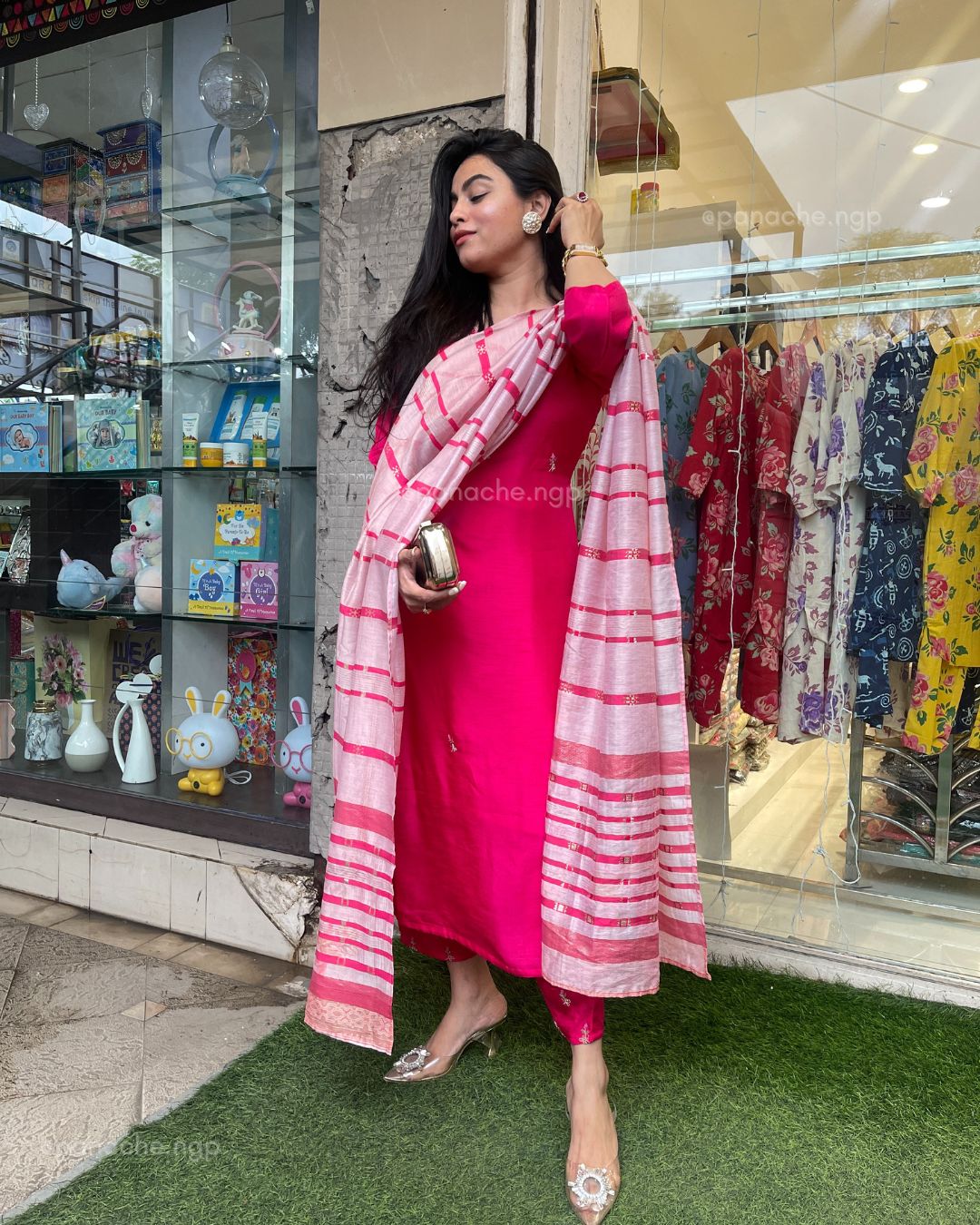 Fuschia pink kurta pant dupatta set