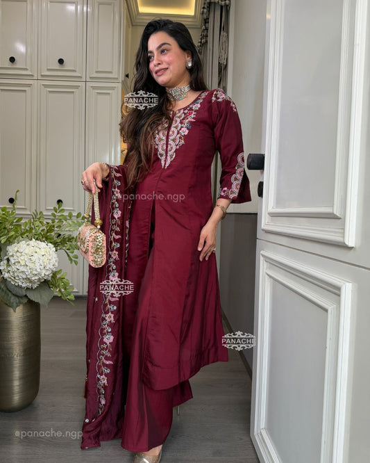 Maroon front slit kurta set