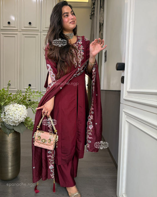 Maroon front slit kurta set