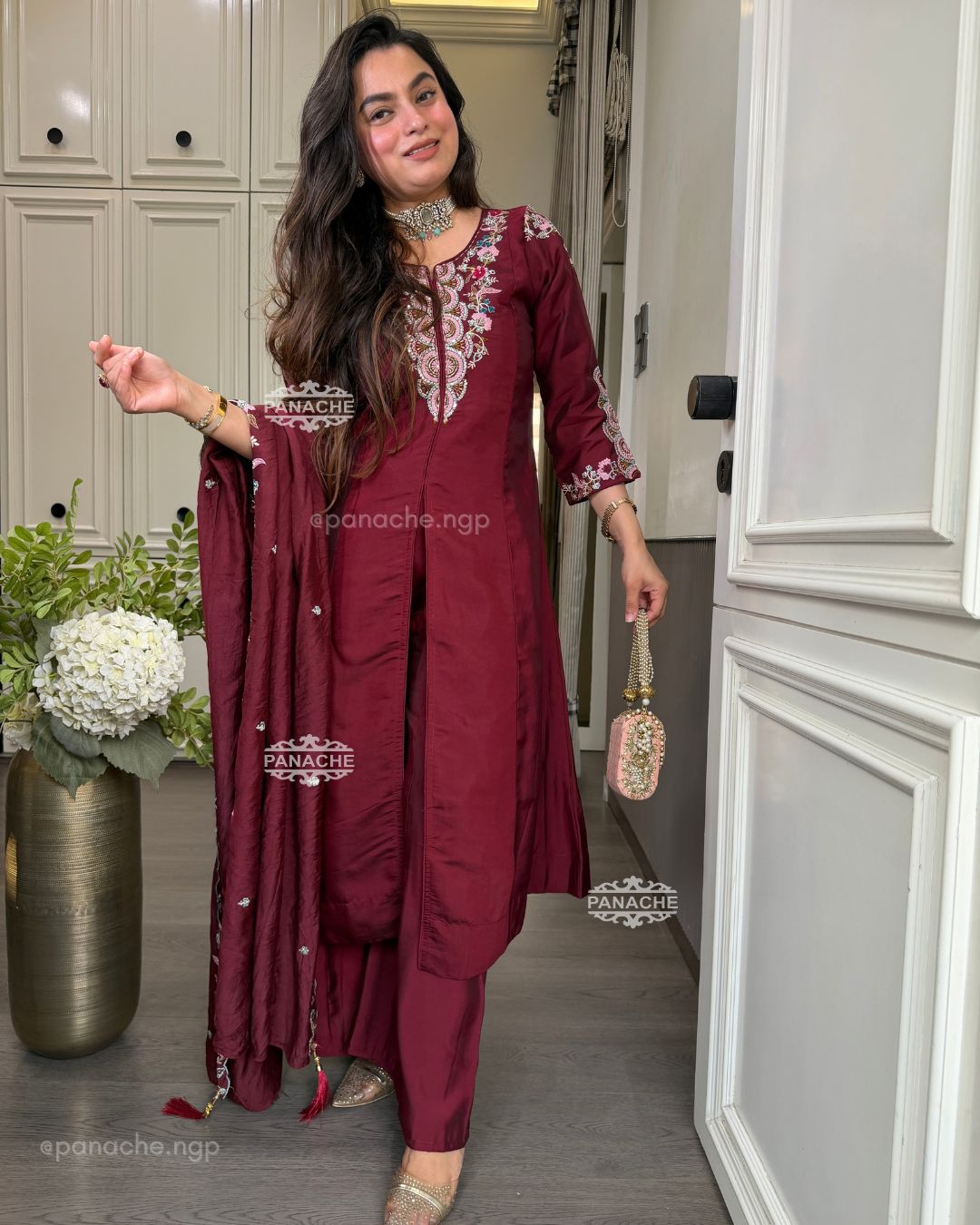 Maroon front slit kurta set