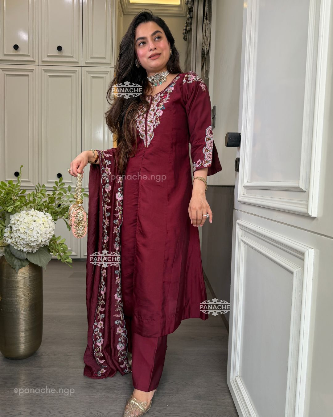Maroon front slit kurta set