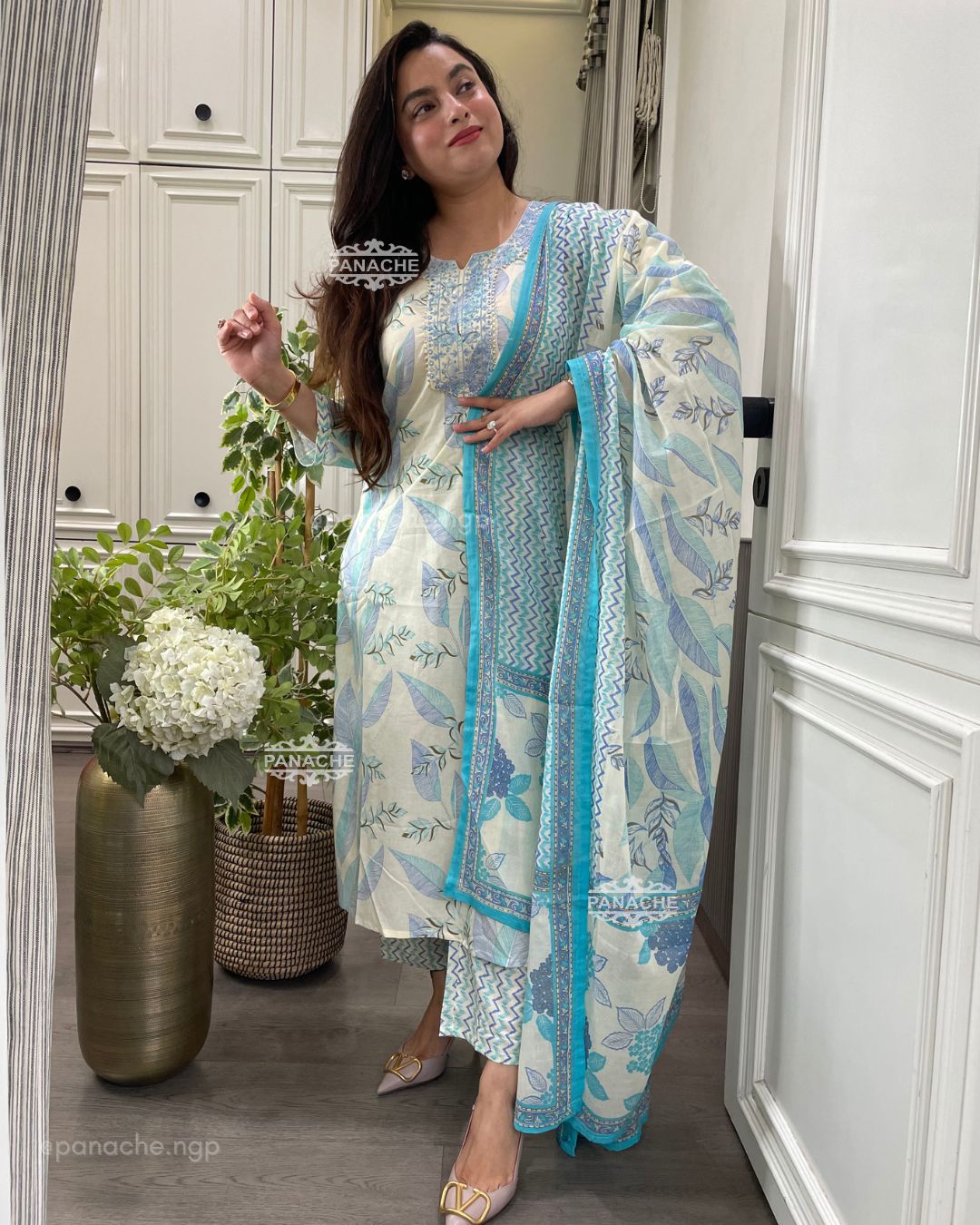 Print on print kurta pant dupatta set