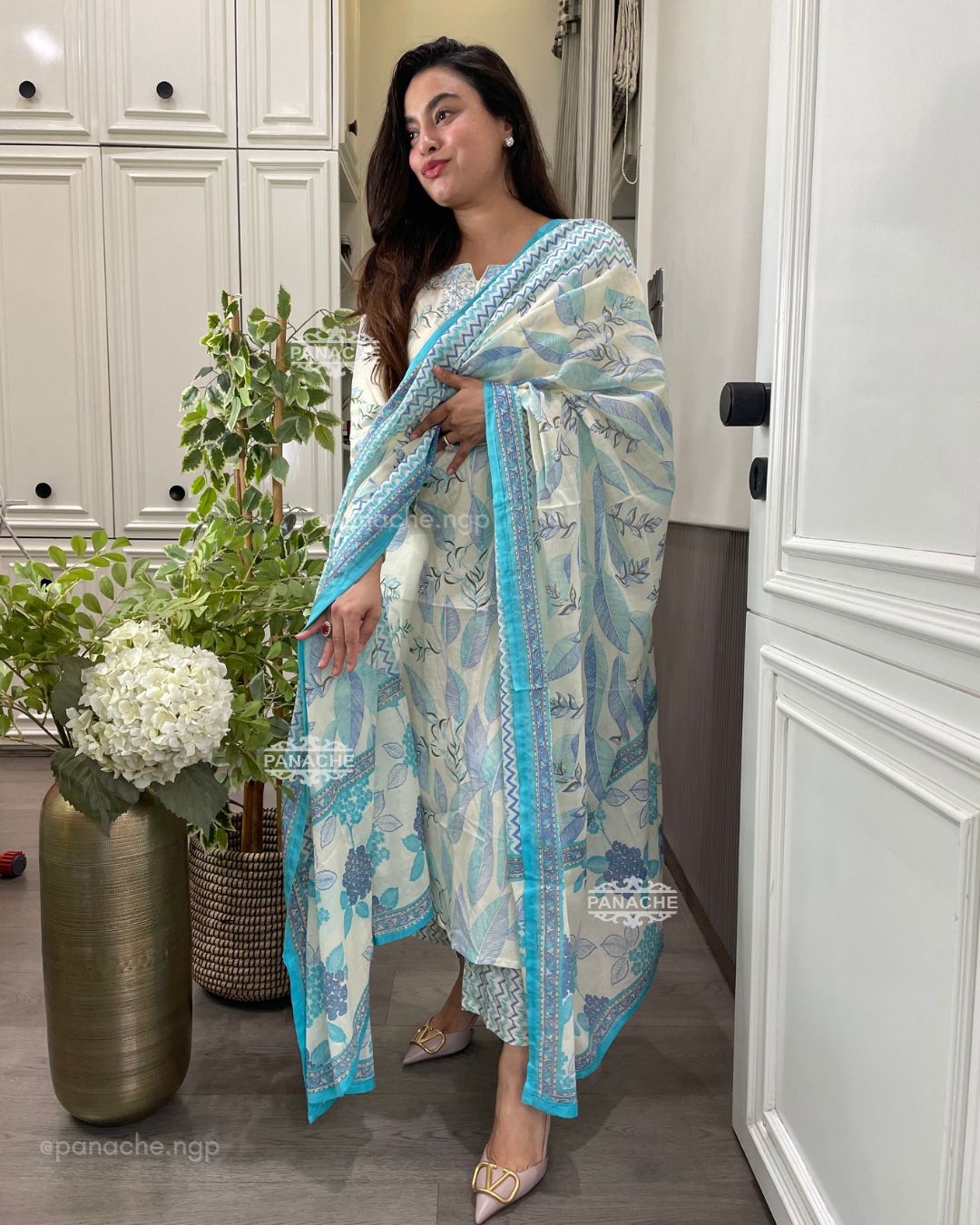Print on print kurta pant dupatta set