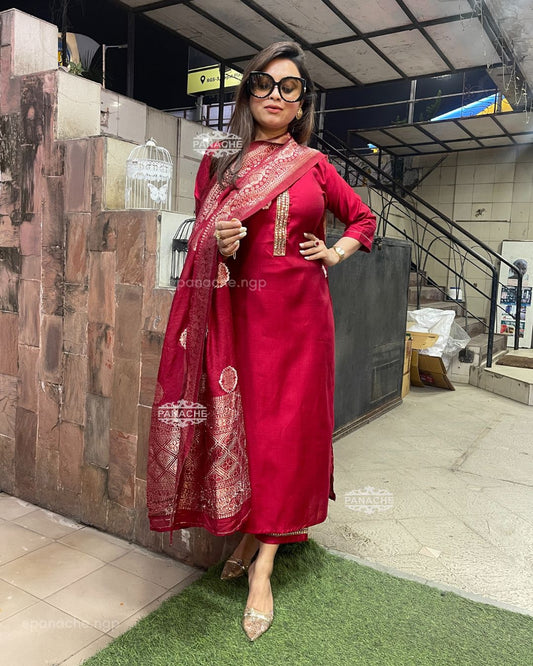 Budget silk set in a sindoor red