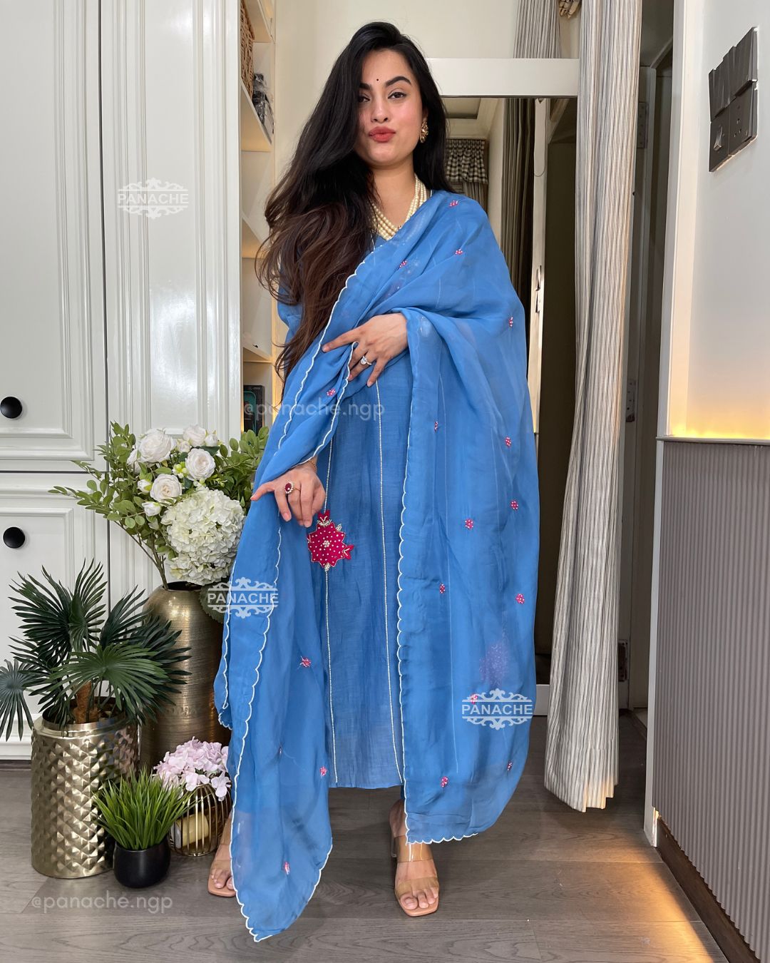 Appliqué floral blue set