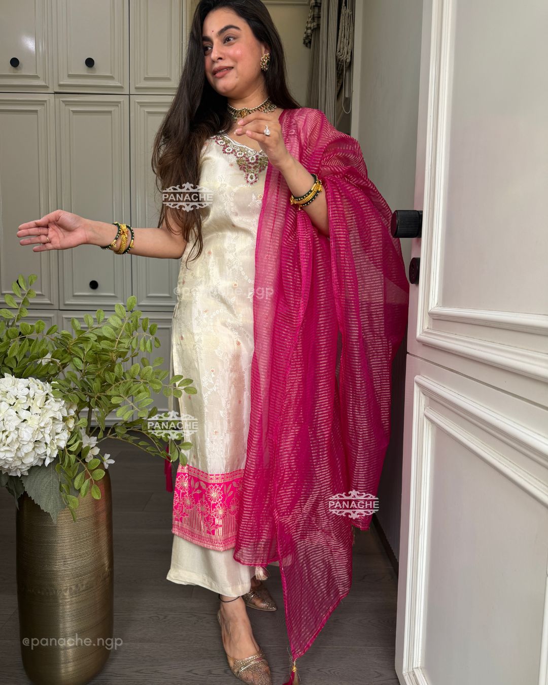 Handwork on neckline with Banarasi Daman | Pink