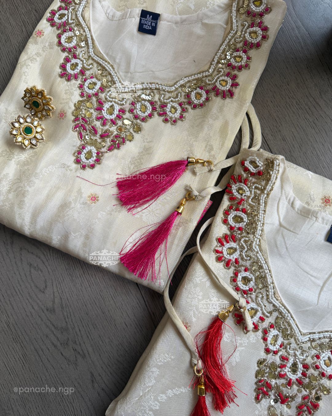 Handwork on neckline with Banarasi Daman | Pink