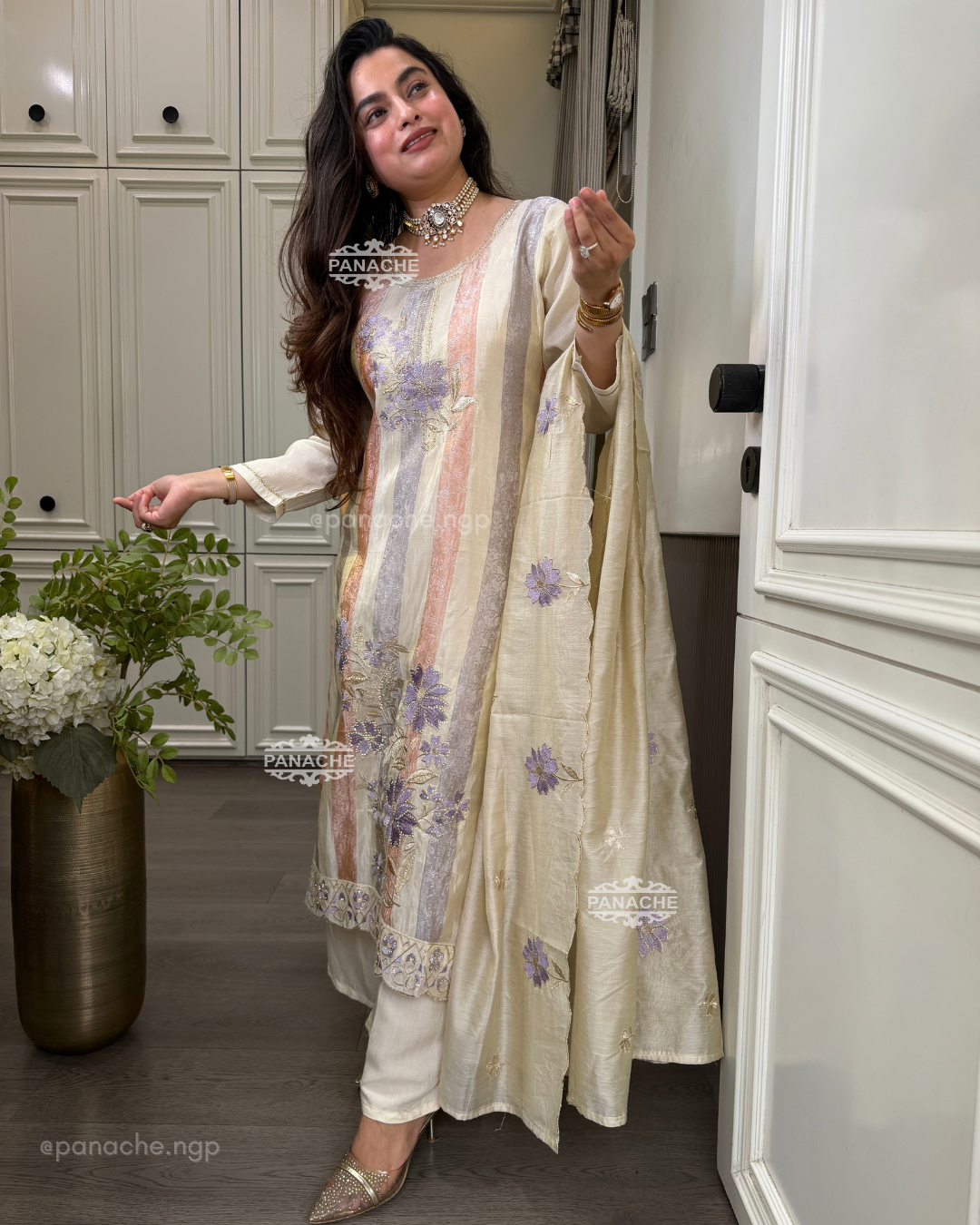 Rivaaya Ivory and pastel suit set
