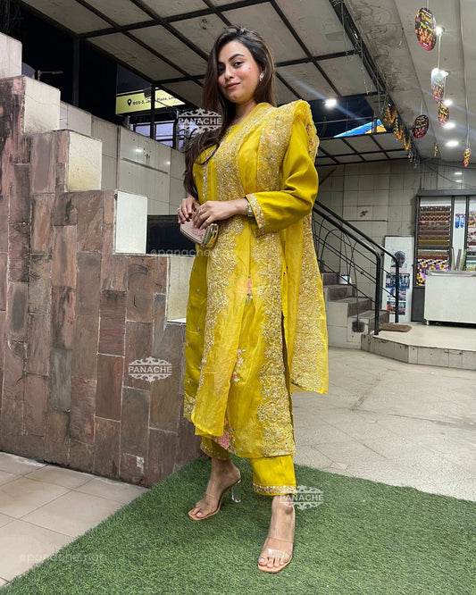 Mustard embroidered karachi suit set