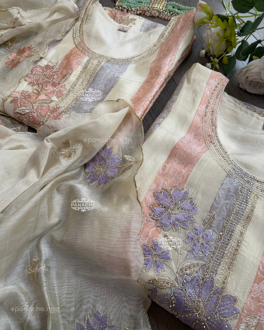 Rivaaya Ivory and pastel suit set