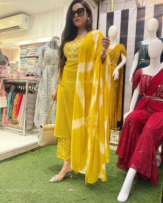 Yellow polka and leheriyan suit set