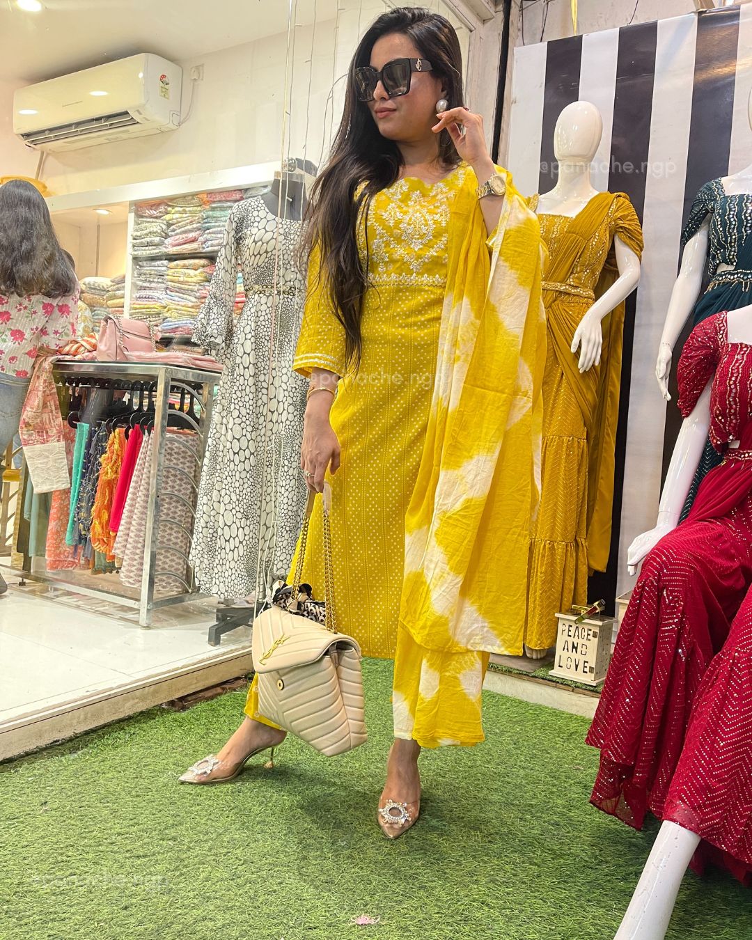 Yellow polka and leheriyan suit set