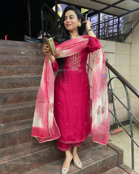 Fushia pink suit with bandhani dupatta