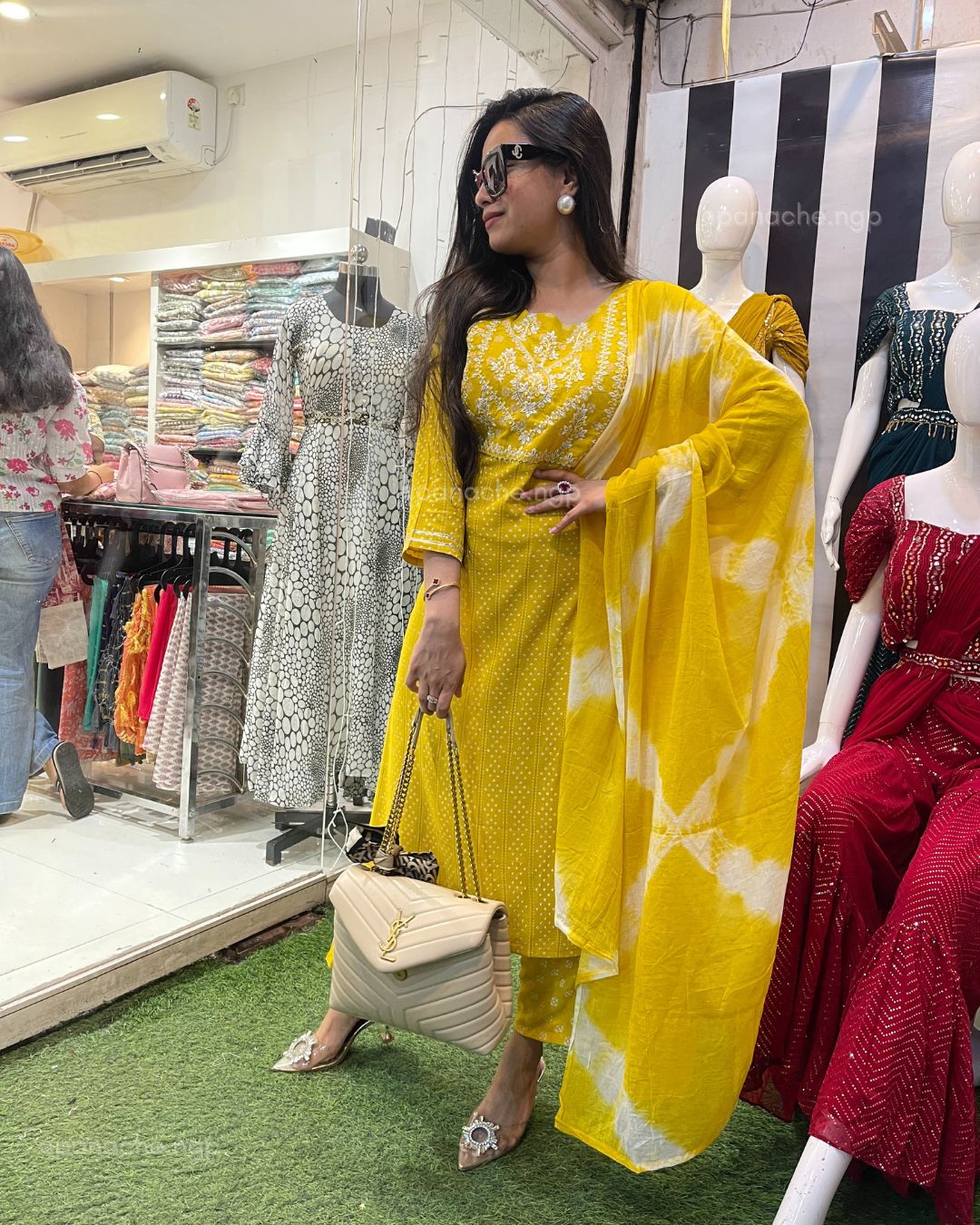 Yellow polka and leheriyan suit set