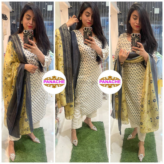 Off-White Printed kurta plain pants &floral dupatta