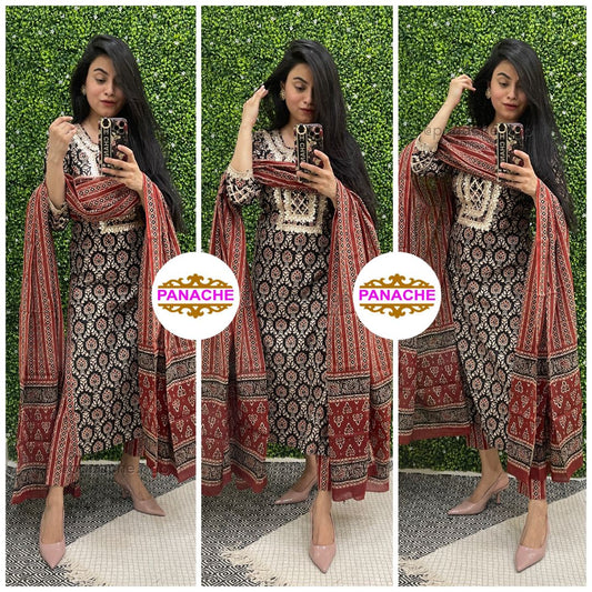 Black Print on Print Kurta Pant Dupatta Set