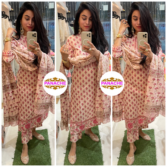 Block Print Stand Collar Kurta Pant Dupatta Set