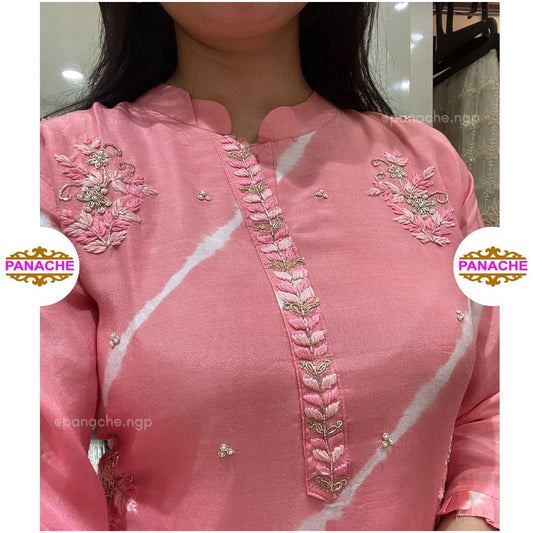 Neon pink leheriyan kurta silk set