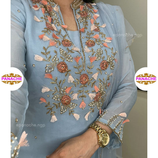 Powder Blue Stand Collar Georgette kurta pant and dupatta set