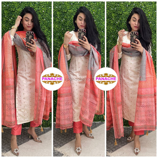 Brocade kurta with plain pants and printed dupatta