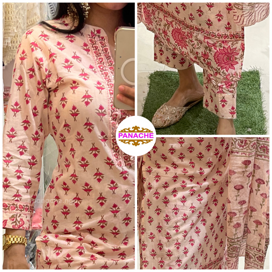 Block Print Stand Collar Kurta Pant Dupatta Set