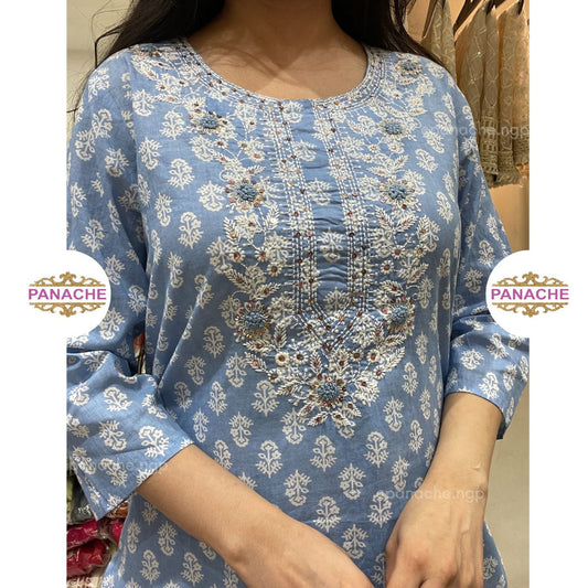 Powder Blue Mul Dupatta & Print on Print Kurta Pant Dupatta Set