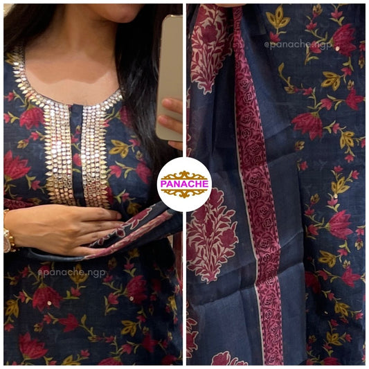 Floral silk Suit with block print dupatta