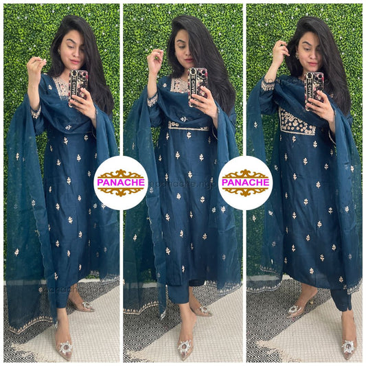 Navy silk set with gota & zardoz embroidery