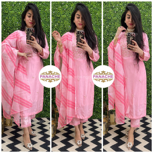 Leheriyan pink silk set in budget!