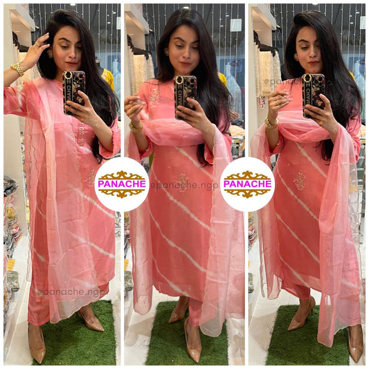 Neon pink leheriyan kurta silk set