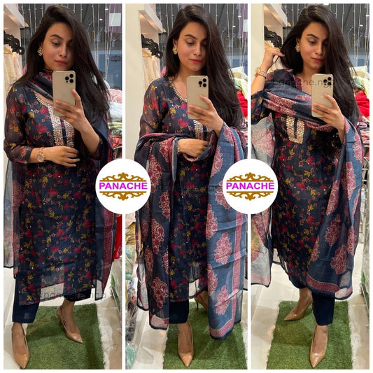 Floral silk Suit with block print dupatta
