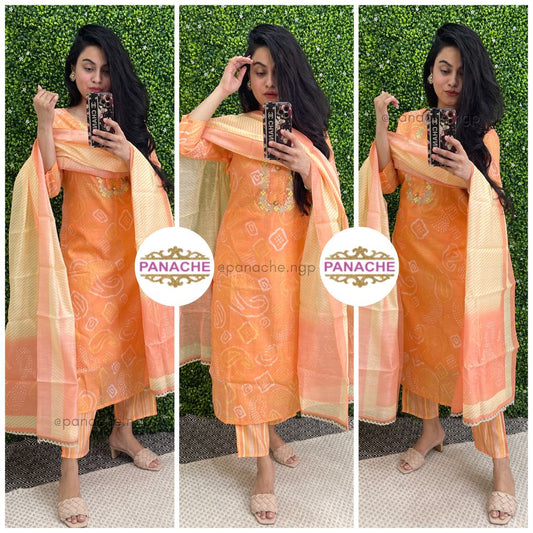 South silk kurta pant dupatta set in bandhani