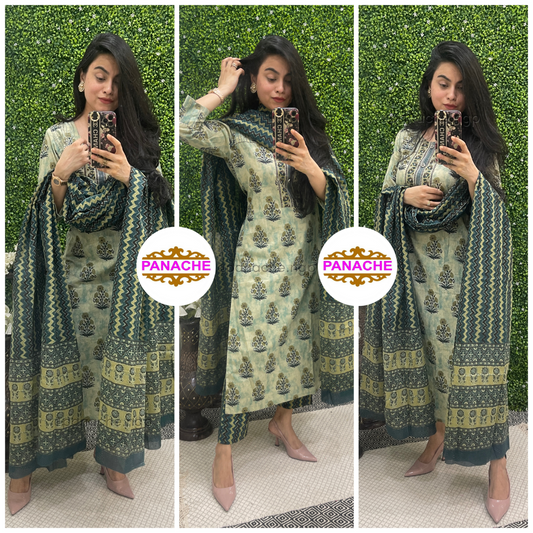 Olive print on print kurta pant dupatta set