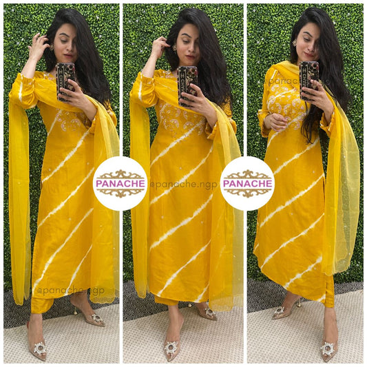 Yellow Leheriyan Suit Set in Silk