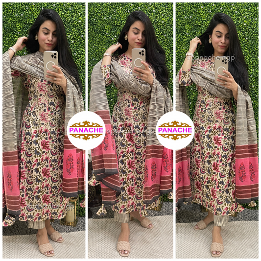 Floral print cotton suit set with tassels