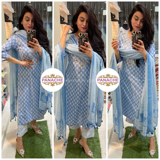 Powder Blue Mul Dupatta & Print on Print Kurta Pant Dupatta Set