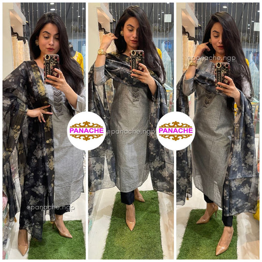 Cotton silk oxidize embroidery kurta pant & floral dupatta set