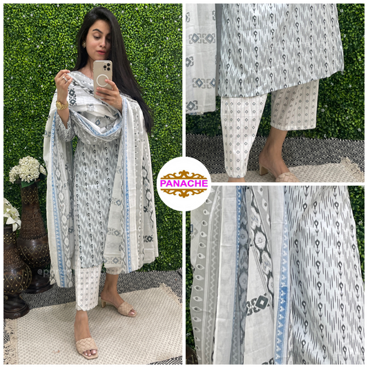 Karachi style cotton kurta pant and dupatta set