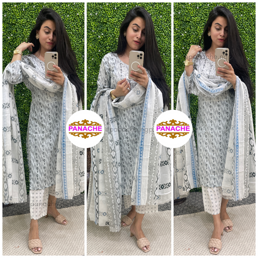 Karachi style cotton kurta pant and dupatta set